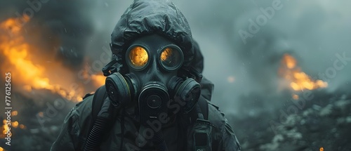 Police officer wearing a gas mask inspects a chemical spill. Concept Emergency Response, Hazardous Materials, Police Procedures, Environmental Cleanup, Chemical Contamination photo