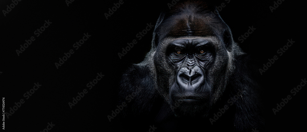 The image accentuates the intricate textures of the gorilla's fur, partially visible in the enveloping darkness, evoking mystery - obrazy, fototapety, plakaty 