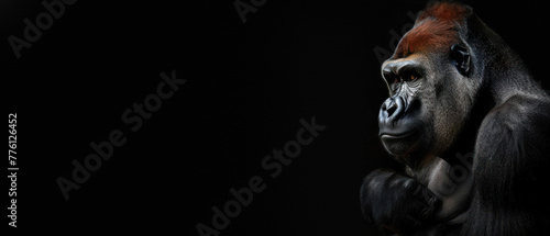 Showcasing a side profile, this gorilla appears serene and contemplative against a pitch-black background, creating a powerful image