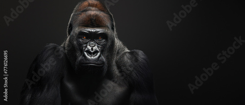 A captivating front view of a gorilla exhibiting a pensive expression, set against a black background © Fxquadro