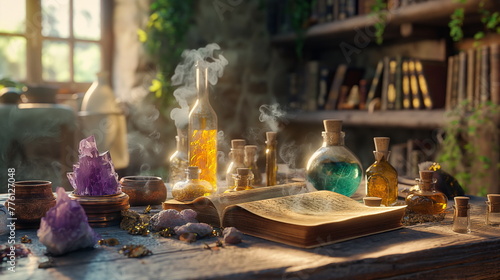 Ancient book lies open amidst twinkling crystals and potion bottles on an alchemists wooden table as dusk settles