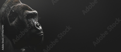 An evocative portrait capturing a gorilla's pensive look, set against a deep black background, conveying a mood of solemnity and introspection