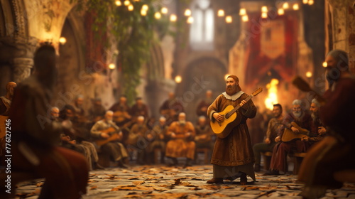 Medieval Bard Entertaining Court with Epic Ballads of Heroes Past photo