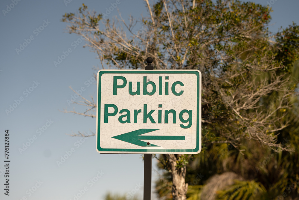 An isolated green public parking sign with an arrow set against a blue sky with trees in the background.