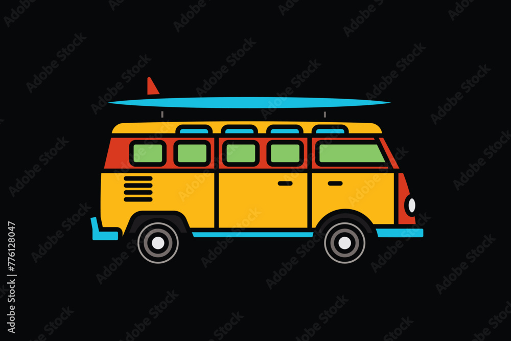 Original vector illustration. A van with a surfboard on the roof.