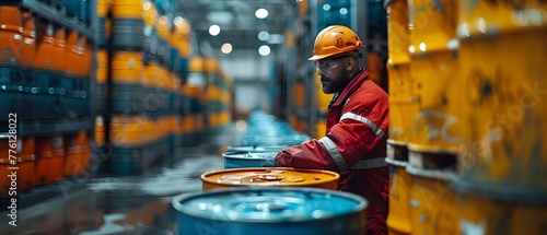 Ensuring Containment System Integrity: Worker Inspects Drums at Chemical Storage Facility. Concept Chemical Storage, Worker Inspection, Containment System, Drum Inspection, Safety Procedures