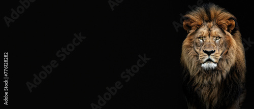 The solemn stare of a lion head set against a dark background evokes a sense of majesty and mystery © Fxquadro