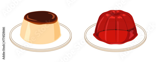 皿に乗せた柔らかいプリンとストロベリーゼリーのセット