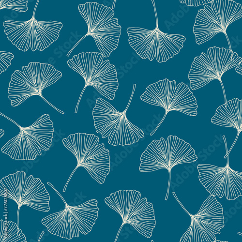 Stylish gingko leaf pattern with white outlines on a teal background (half-drop)