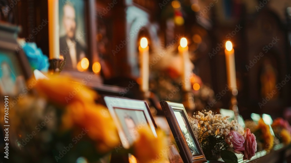 Vintage Memorial With Candles And Flower Arrangement In Old Church, Honoring Loved Ones With Peaceful Atmosphere And Tranquil Setting