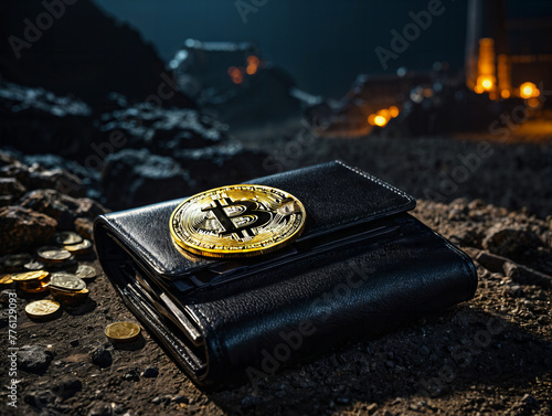 Schwarzer Geldbeutel mit einem Bitcoin