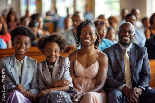 African American family smiling and embracing faith and love as they sit together in a beautiful church, radiating joy on a sunny day. photo