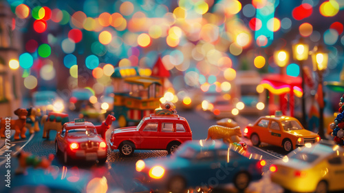Miniature Traffic Scene with Bright Bokeh Lights