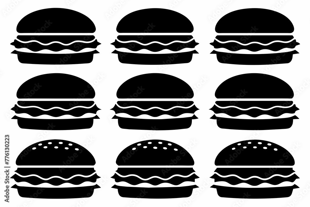 nine different burger silhouette black, vector illustration