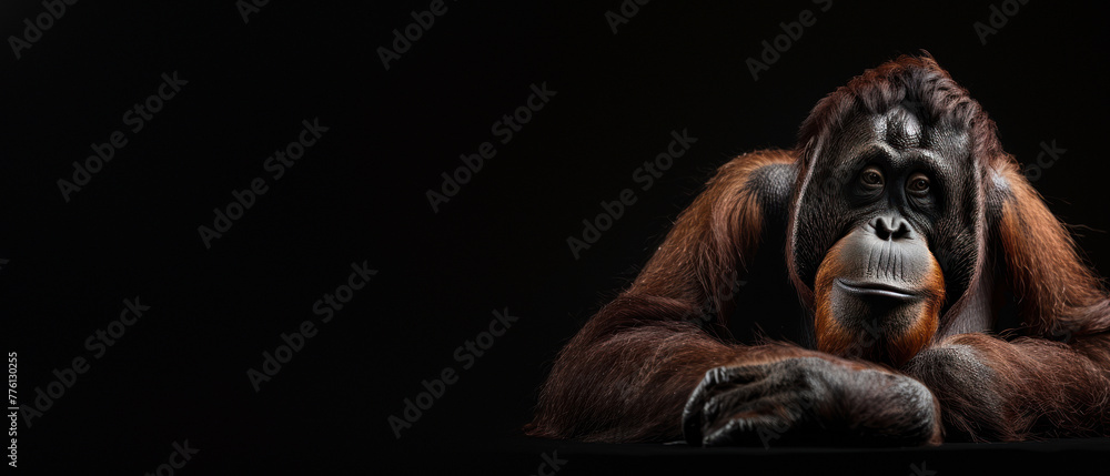 An orangutan laying down with crossed arms depicts a moment of rest or deep thought, against a dark backdrop