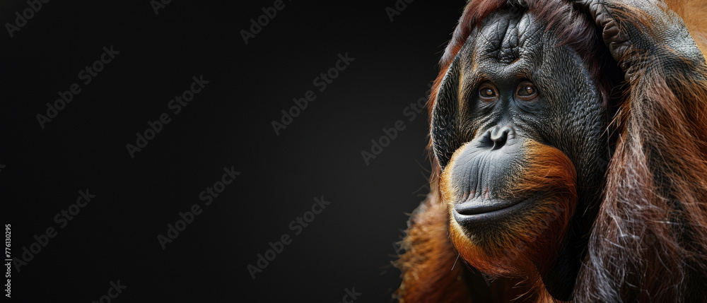 Image captures the inquisitive look of an orangutan against a dark backdrop, symbolizing curiosity - obrazy, fototapety, plakaty 