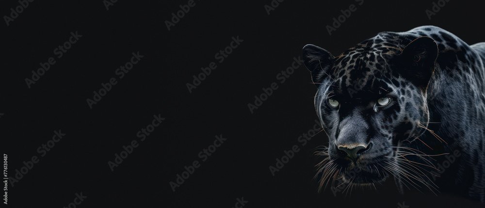 Obraz premium A powerful and intense frontal portrait of a black panther with a focused gaze, set against a stark black background