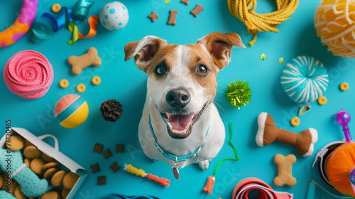  Joyful Dog Surrounded by Colorful Pet Toys on Blue