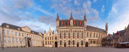 Panoramic cityscape with medieval Burg Square in Old Town of Bruges, Belgium