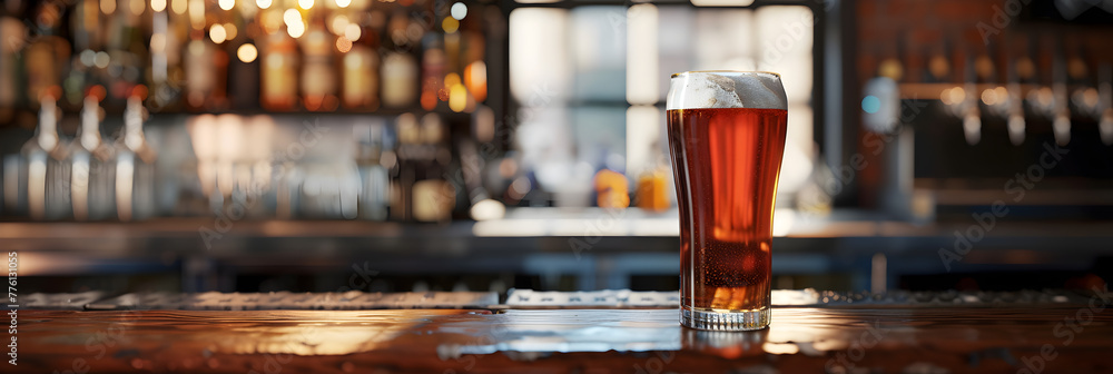 A glasses of beer on a wooden table in a pub, bokeh background, A pint of frothy craft beer sits on a rustic wooden bar counter, inviting a refreshing experience. glass of beer kept on a bar counter,  - obrazy, fototapety, plakaty 