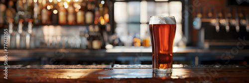 A glasses of beer on a wooden table in a pub, bokeh background, A pint of frothy craft beer sits on a rustic wooden bar counter, inviting a refreshing experience. glass of beer kept on a bar counter,  photo