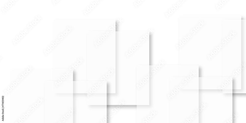 Abstract design with white transparent material in triangle and square shapes on white background. Square in bright light with paper texture.Modern and creative design with different size white boxes.