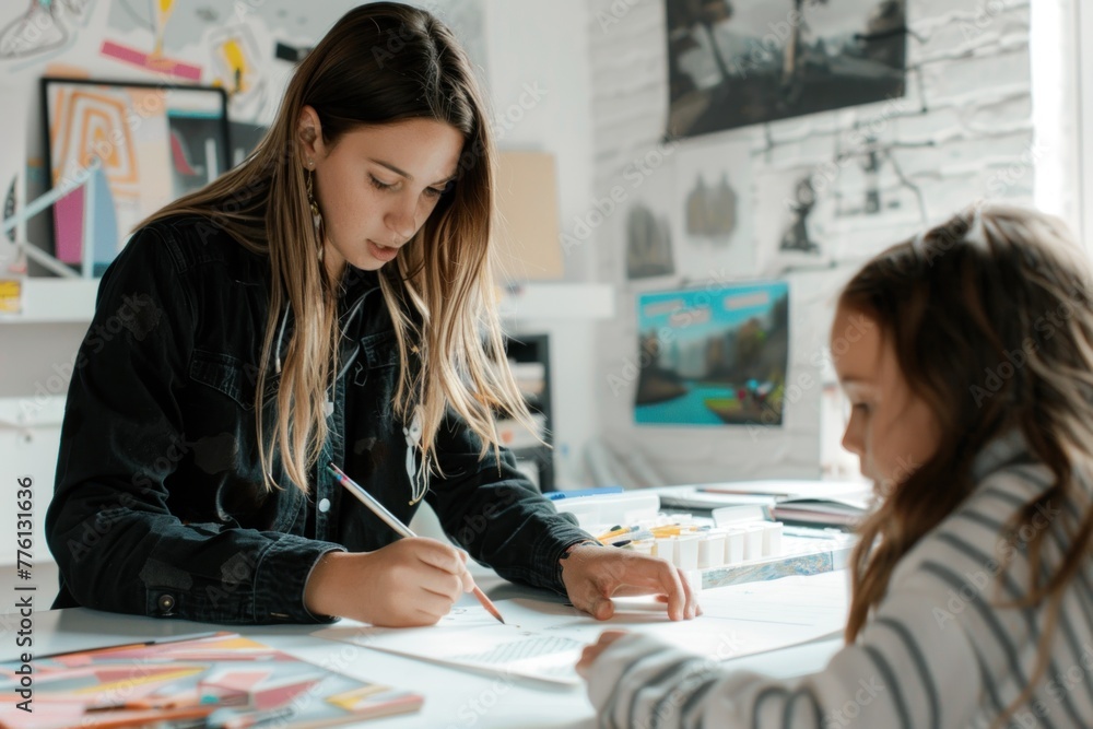 A focused young woman assisting a student at a white desk in a creative workspace. A focused young woman assisting a student at a white desk in a creative workspace.