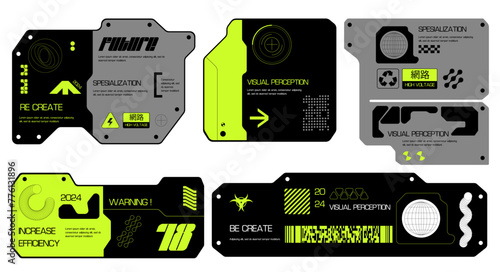 Cyberpunk decals set. Set of vector stickers and labels in futuristic style. Buttons for websites, mobile applications.