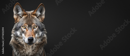 Compelling image of a wolf staring intently, with a soft gray background that accentuates its features