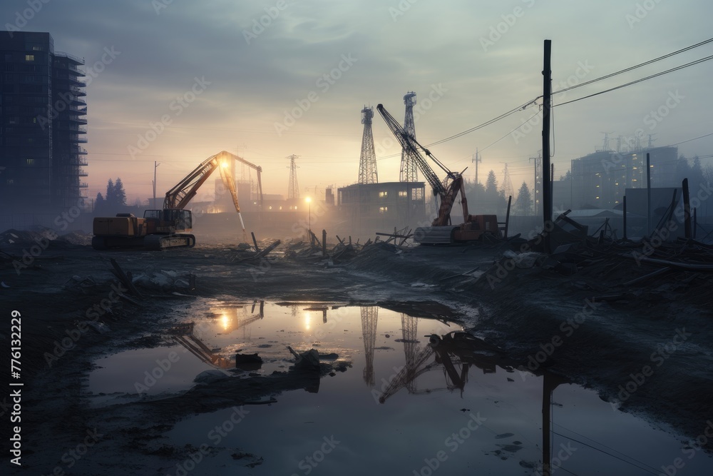 Construction site at dawn, Quiet construction site at dawn, Crane and building construction site , AI generated