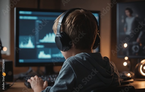 back view of boy in headphones playing video games on computer at home