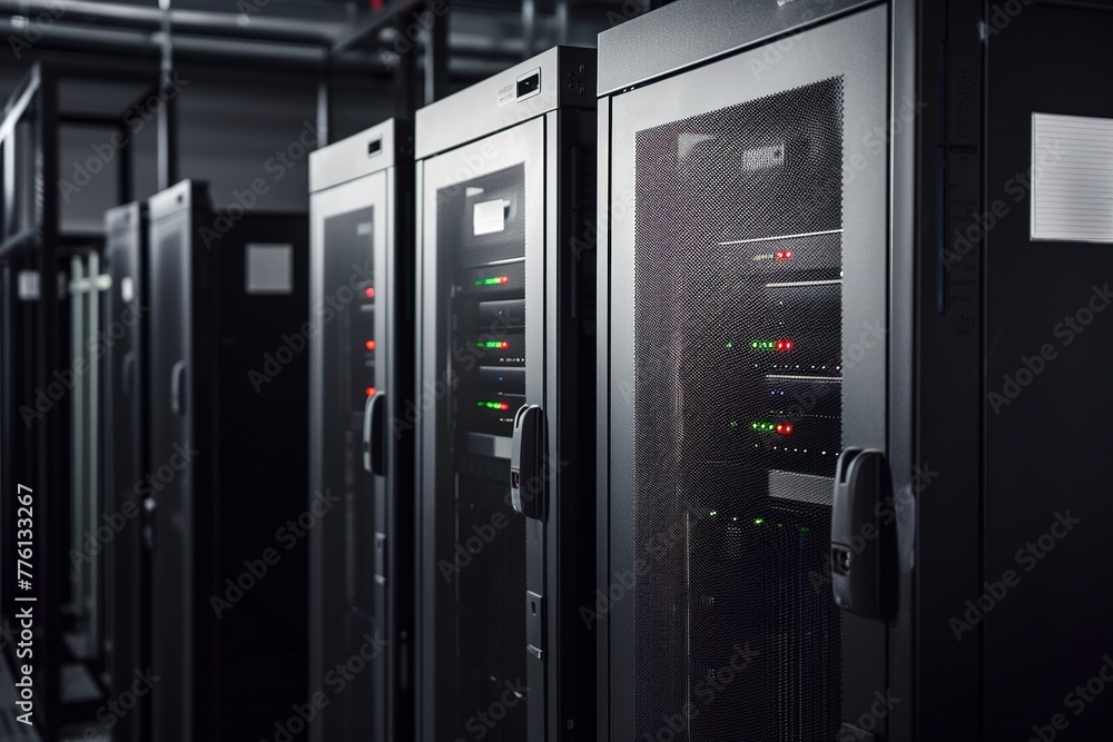 Modern data center with rows of server racks and LED status lights Modern data center with rows of server racks and LED status lights