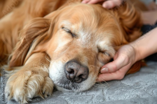 Content golden retriever enjoying a gentle head pat from its owner's hand.