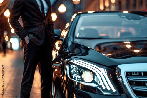 Sleek luxury car headlight detail with the blurred figure of a businessman approaching © Daniel Jędzura