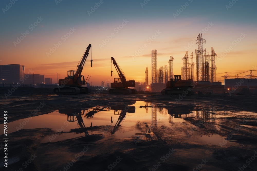 Construction site at dawn, Quiet construction site at dawn, Crane and building construction site , AI generated