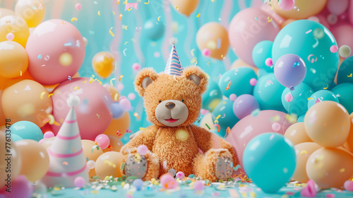 oyful Teddy Bear with Party Hat Surrounded by Balloons