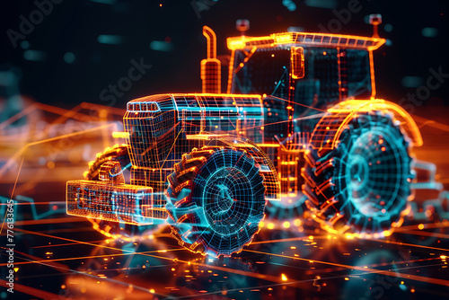 Elegant wireframe-based visualization against a radiant translucent backdrop, featuring the robust silhouette of a tractor, perfect for agriculture-themed designs and modern technology concepts