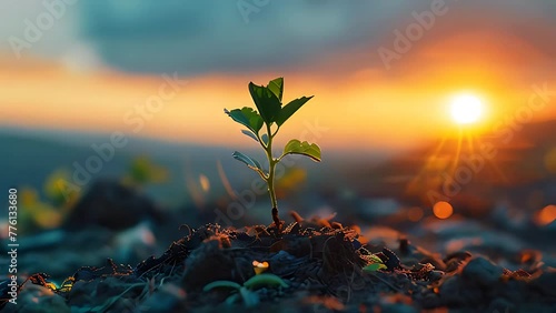 A young plant sprouts from the soil, bathed in the warm glow of a breathtaking sunset, symbolizing growth and renewal. Earth Day Concept photo