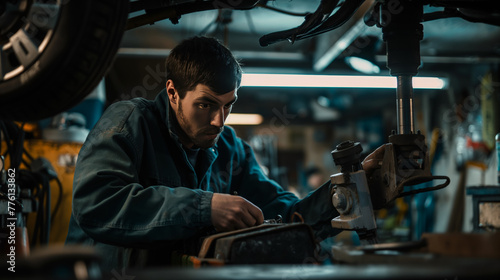 An auto mechanic diligently works under a lifted car  hidden details with blurred face  conveying hard work and skill