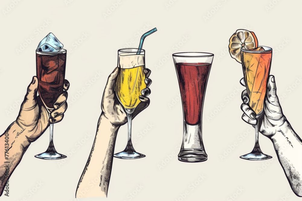 Stretched, flexible long hands hold various drinks. Wineglass, coffee cup, water, bottle. Boneless elastic arms - obrazy, fototapety, plakaty 