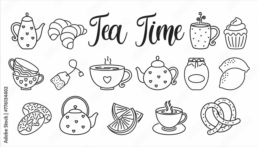 Hand drawn set of Tea time doodle icons. Teapots, cups, lemon and sweets in sketch style. Vector illustration isolated on white background icon