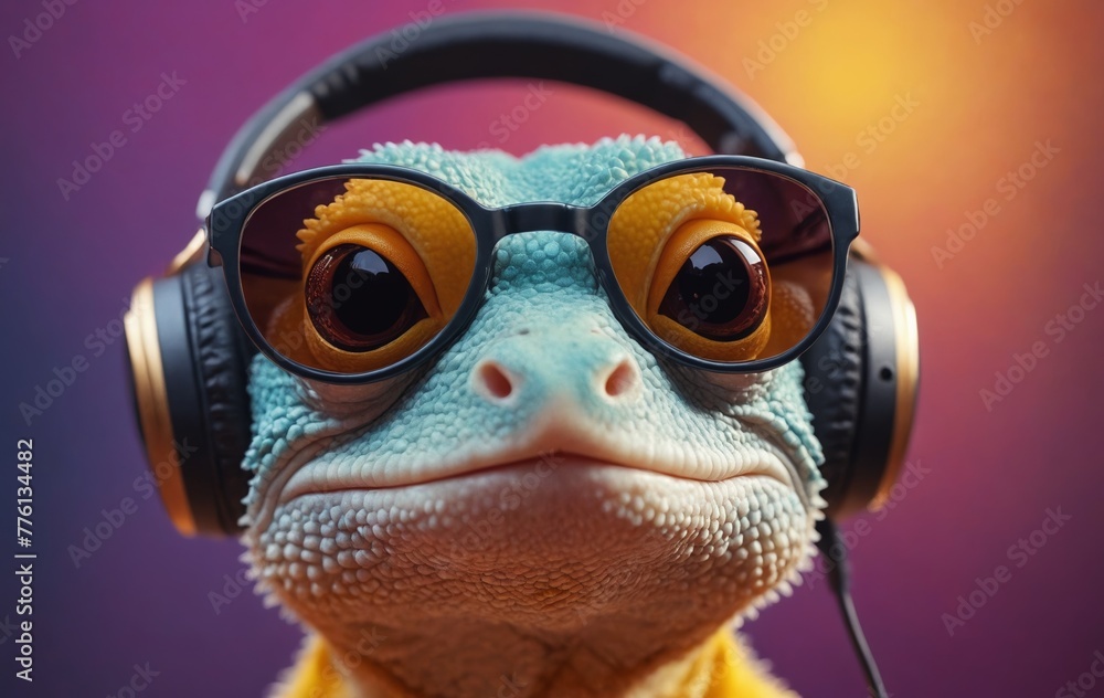Electric blue lizard with sunglasses and headphones looking at camera