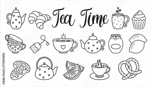 Hand drawn set of Tea time doodle icons. Teapots  cups  lemon and sweets in sketch style. Vector illustration isolated on white background icon