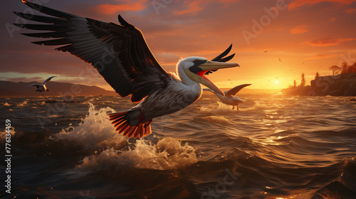 pelican in flight at sunset photo