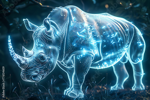 Striking wireframe-based visualization against a radiant translucent backdrop, featuring the powerful silhouette of a rhinoceros, ideal for wildlife-themed designs and modern art concepts