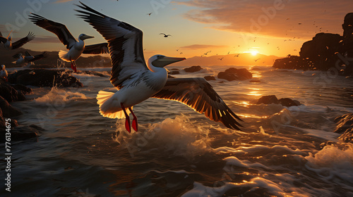 pelican in flight at sunset