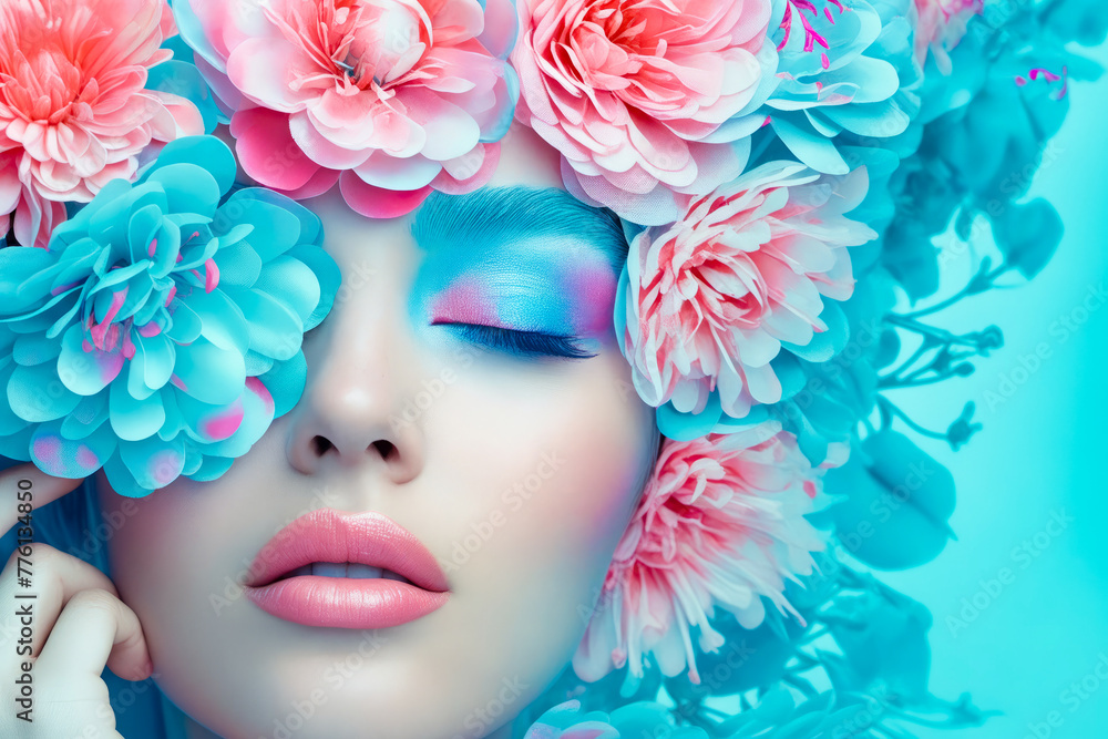 Woman with blue and pink makeup on her eyes nose and lips is wearing wig cap made of flowers.