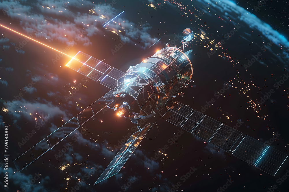Stunning wireframe-based visualization against a radiant translucent backdrop, featuring the sleek silhouette of a satellite, perfect for futuristic designs and technology-themed projects