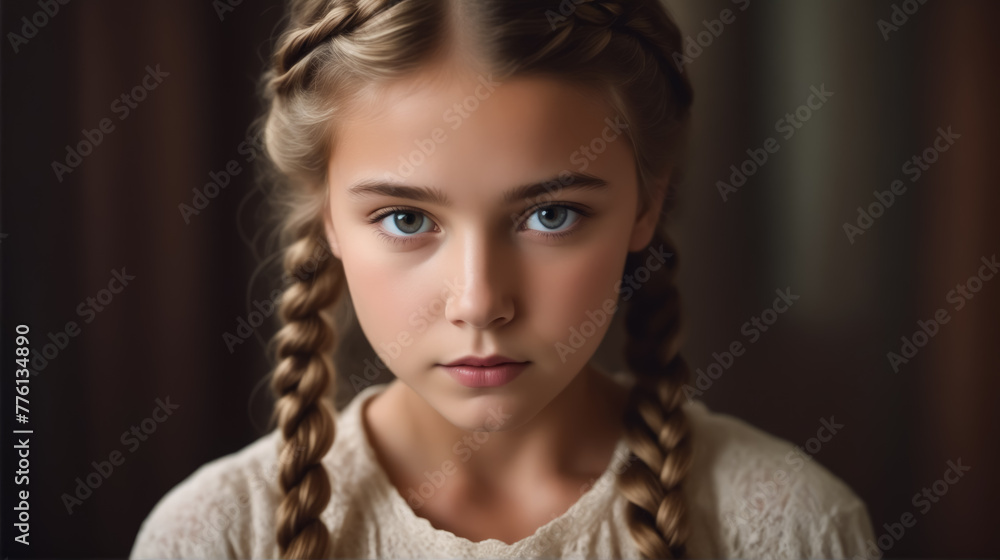 A young girl with long hair and a white shirt. She has her hair in two braids and is looking at the camera