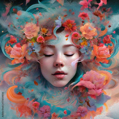 Fantasy portrait of a beautiful girl with closed eyes surrounded by colorful flowers.